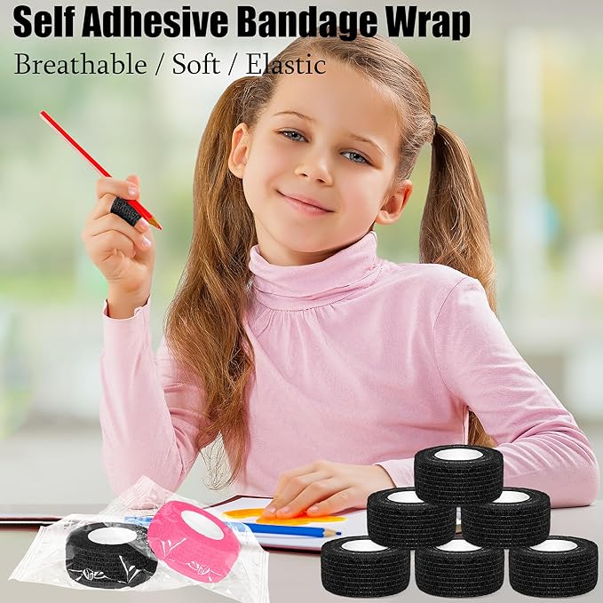 6 Pack 1 Inches Self Adhesive Bandage Wrap Breathable Cohesive Bandage Elastic Tape for Pets, Athletic, Sports, Wrist, Knee, Ankle(5 Yards Per Roll, Black)