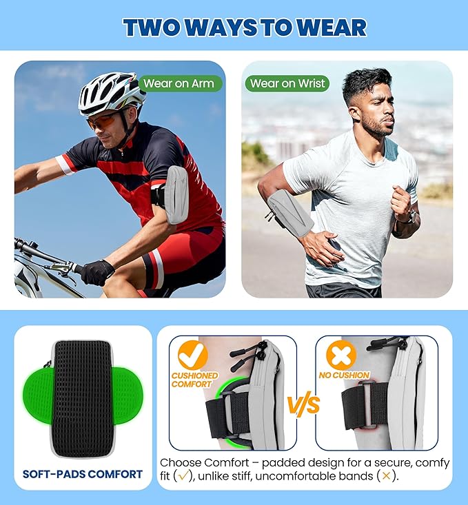 HiRui Cell Phone Holder Arm Bag & Wrist Bag for Phone, Sports Running Armband for Gym & Cycling, Compatible with iPhone 16/16Pro/Plus/15/14 Samsung Galaxy All Phones, Reflective & Adjustable (Gray)