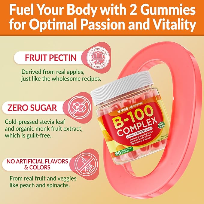 2 Pack Vitamin B Complex Gummies for Women & Men, All B Vitamins - Methyl B12, MTHF Folate, B1, B2, B3, B5, B6, Biotin w/ Vitamin C, Choline, Inositol, PABA for Energy, Brain & Immunity, Sugar Free