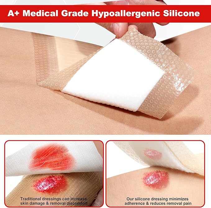 4" x 8" Pack of 5 Silicone Foam Wound Dressing - Waterproof Adhesive Bandages with Bordered - Super Absorbent & Breathable for Optimal Wound Care