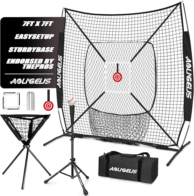 6'X6' Baseball Softball Practice Net with Batting Tee and Ball Caddy, Bonus Strike Zone Target and Bow Frame, for Hitting, Pitching, Catching