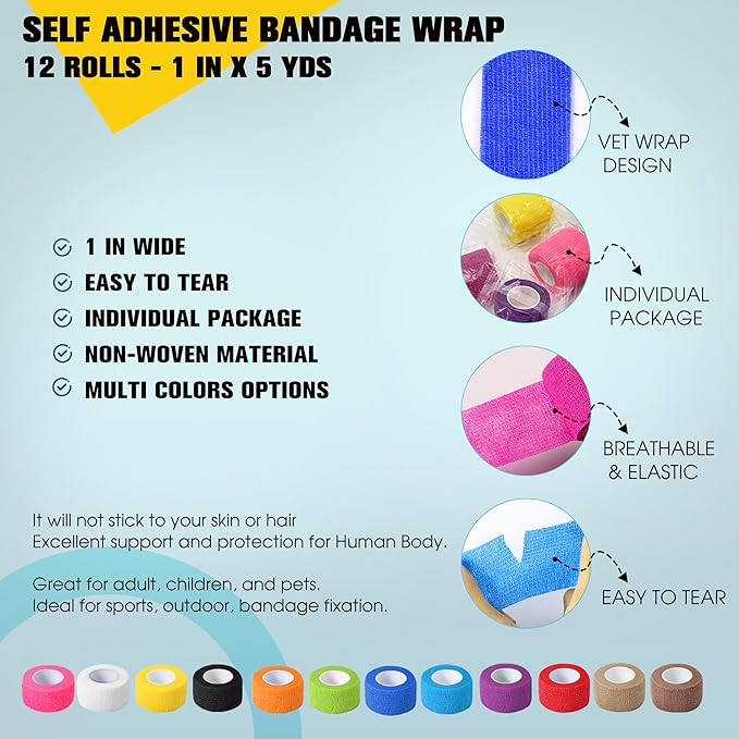 12 Pack Self Adhesive Bandage Wrap, 1 in x 5 Yards Non-Woven Self Adherent Cohesive Bandage, Vet Wrap Wound Tape for Thumb Finger Wrist Knee Ankle, Black