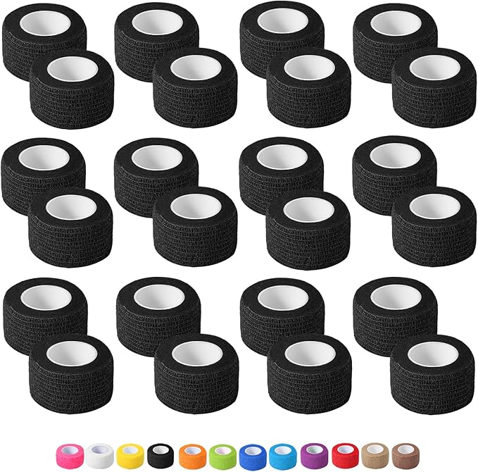 24 Pack Self Adhesive Bandage Wrap, 1 in x 5 Yards Non-Woven Self Adherent Cohesive Bandage, Vet Wrap Wound Tape for Thumb Finger Wrist Knee Ankle, Black