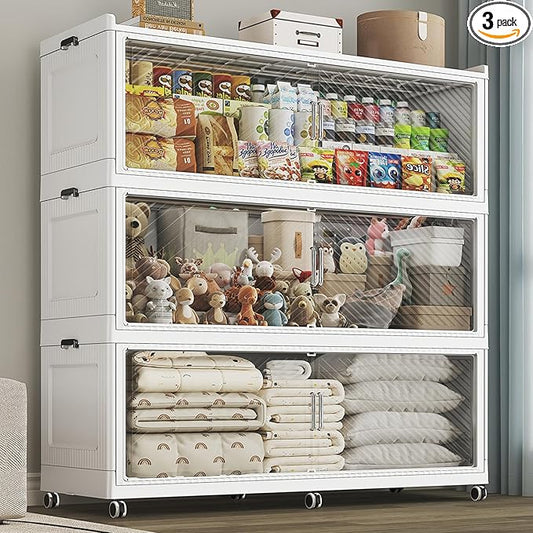 240GAL Extra Large Stackable Storage Bins with Lid, 960QT Plastic Closet Organizer and Storage Cabinet with Wheels and Doors, Folding Storage Box Container for Home Organization, 3Pack White