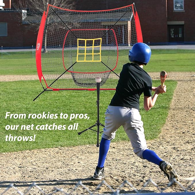 7×7FT Baseball Net with Batting Tee and Strike Zone Target, Portable Hitting Pitching Batting Training Net, Baseball and Softball Training Equipment,Suitable for All Skilled Levels