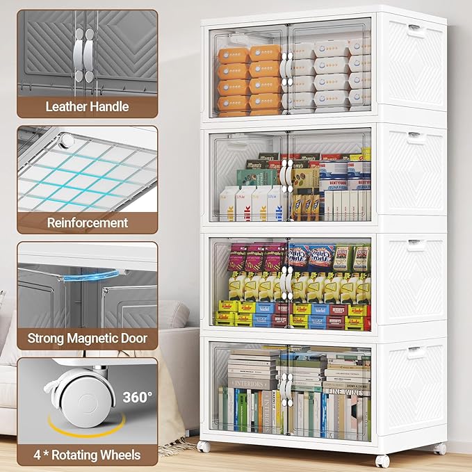 400QT Extra Large Stackable Storage Bins, 100Gal Clear Plastic Closet Organizer Cabinet with Lid and Wheels, Collapsible Latch Boxes Folding Drawer with Door for Home Kitchen, V20 4Pack White