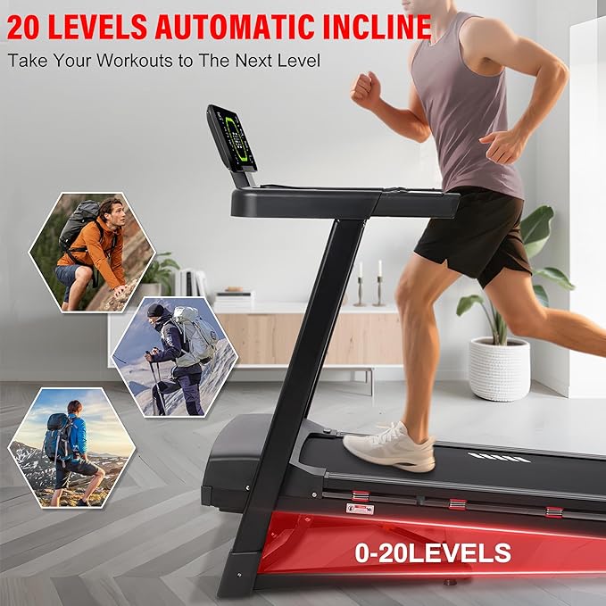 ECHANFIT Heavy Duty Treadmill for Home, 20% Auto Incline Treadmill 400 LB Capacity, 20" Wide Deck, 0.6-12 MPH, LED Display, Bluetooth Speaker, Foldable with App