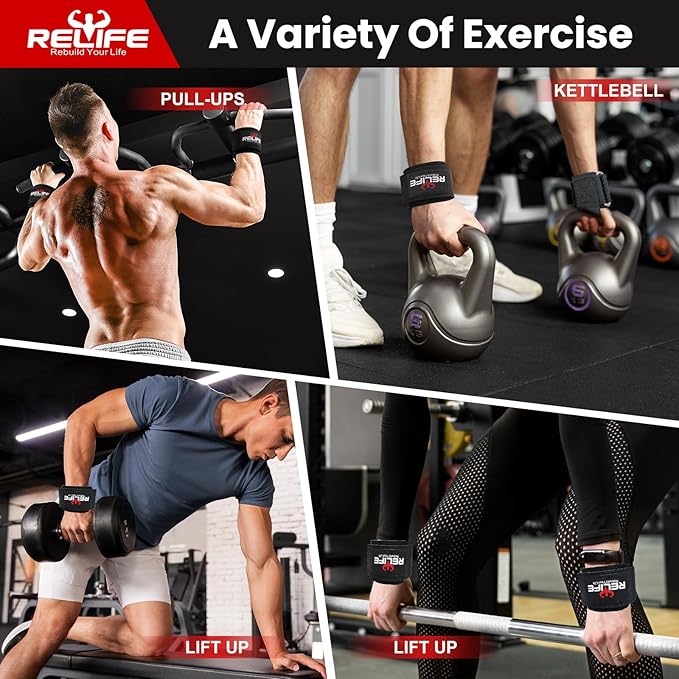 RELIFE REBUILD YOUR LIFE Lifting Hooks for Men and Women(Pair), Pull Up Straps, Gym Reapers Lifting Wrist Grips, Heavy Powerlifting, Lifting Hooks for Weight Lifting
