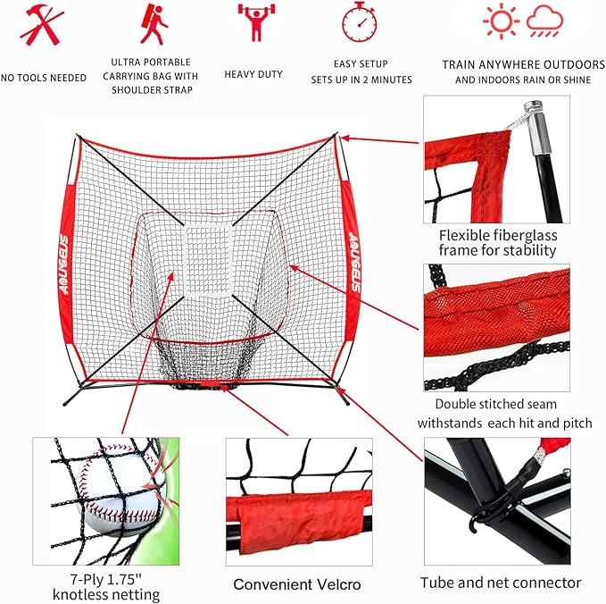 7'X7' Baseball Softball Practice Net,Pitching Net,Batting Net,with Baseball Tee,Bonus Strike Zone and Bow Frame,for Hitting,Pitching, Catching