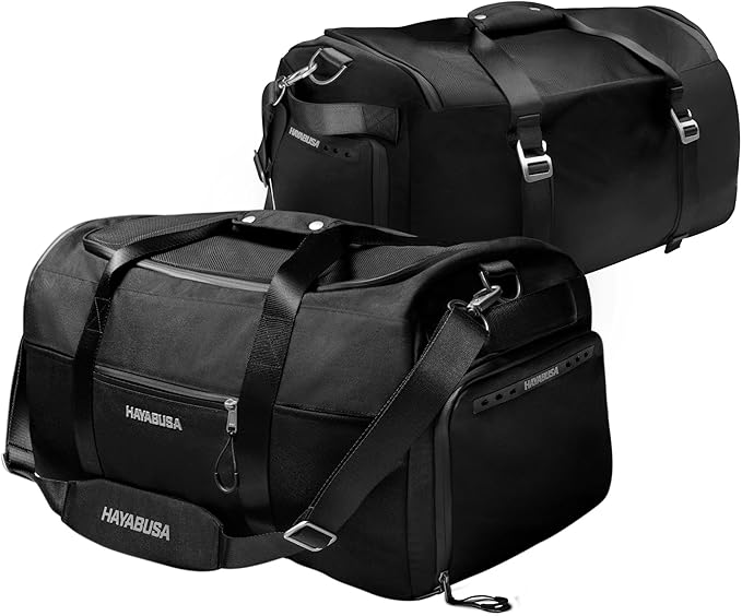 Hayabusa Airstream Athletic Duffle Gym Bag for Women and Men - Black, 50l duffle bag - 7 zippered Pockets, Good for travel, Boxing, MMA, BJJ, kickboxing, Muay Thai, wrestling, Glove/Shoe Compartment