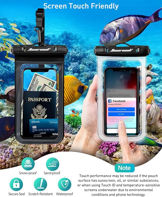 Hiearcool Universal Waterproof Phone Pouch,Underwater Dry Bag for iPhone 17 16 15 14 13 Pro Max XS Plus up to 8.3",IPX8 Cell Phone Case for Cruise Travel Essentials-Black&Clear-2Pack