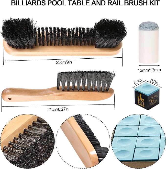 4 Set Billiards Pool Table and Rail Brush Including 12 Pieces Pool Cue Chalk Cubes and 6 Slip-on Pool Cue Tip Replacements Snooker Table Wooden Cleaning Brush Kit Accessories