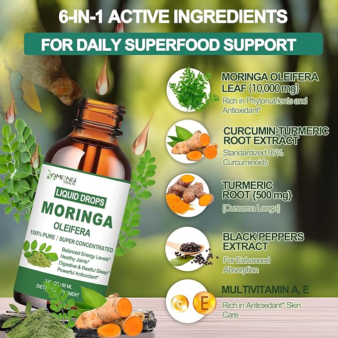 2 Pack Organic Moringa Liquid Drops, Fast-Absorbing Leaf Extract with Turmeric, Black Pepper & Vit C Immune Energy Metabolism & Joint Support丨6x Potency vs Powder Capsules丨Natural Superfood Supplement