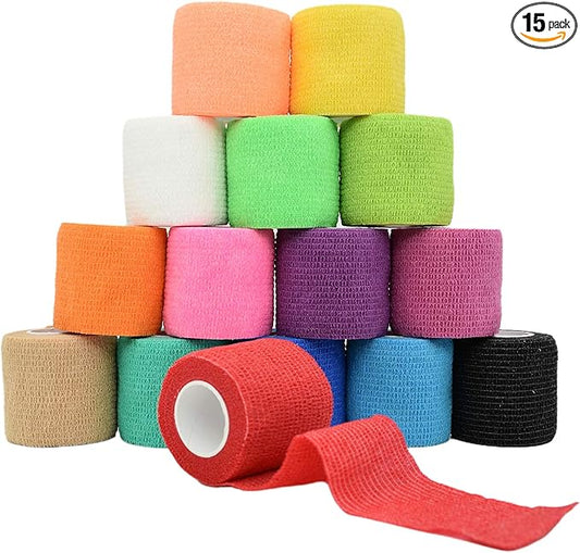 15 Pack Cohesive Wrap 2 Inches x 5 Yards Self Adherent Vet Tape for Pets, Elastic Self Adhesive Bandage Wrap for Sports, Finger, Wrist, Ankle (15 Colors)