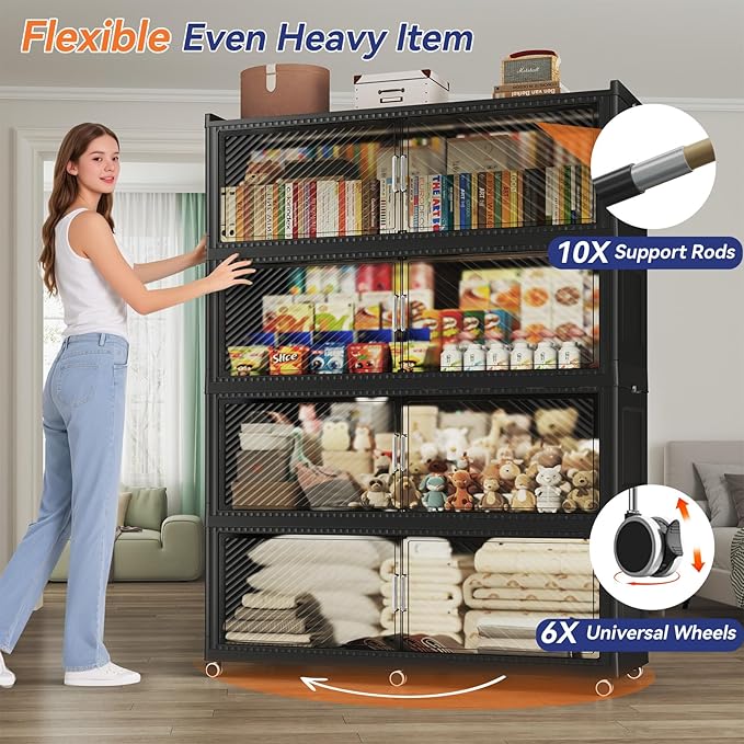 200GAL Extra Large Stackable Storage Bins with Lid, 800QT Plastic Closet Organizer and Storage Cabinet with Wheels and Doors, Folding Storage Box Container for Home Organization, 4Pack Black