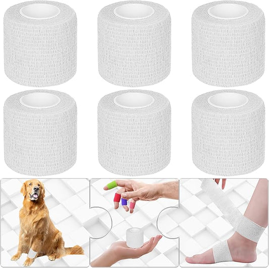 6 Pack 2 Inches Self Adhesive Bandage Wrap Breathable Cohesive Bandage Elastic Tape for Pets, Athletic, Sports, Wrist, Knee, Ankle(5 Yards Per Roll, White)