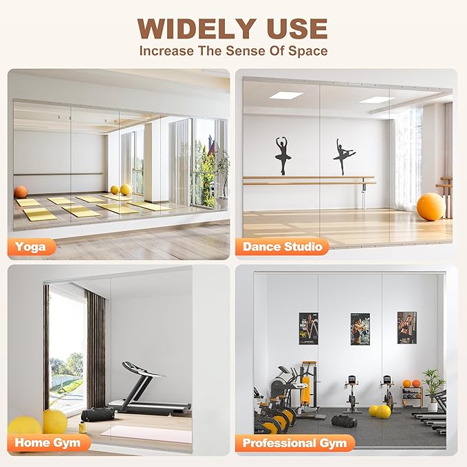 Hasipu Home Gym Mirror 79" L x 36" W - 1PC Large Full Body Mirror for Yoga, Wall-Mounted Mirrors for Fitness, Garage, Dance Studio, 0.16in Tempered Glass Frameless