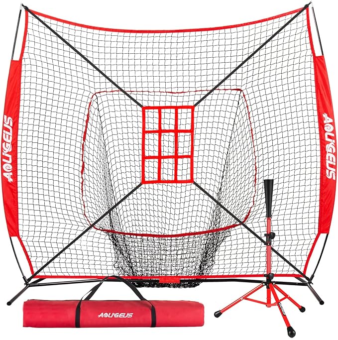 7'X7' Baseball Softball Practice Net,Pitching Net,Batting Net,with Baseball Tee,Bonus Strike Zone and Bow Frame,for Hitting,Pitching, Catching