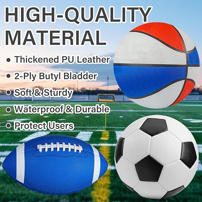 3-Piece Sports Balls Set, Includes Size 5 Basketball, Size 4 Soccer Ball, Size 6 Football & Pump, Sports Equipment Perfect Sports Gift for for Boys, Girls, Teens, and Adults