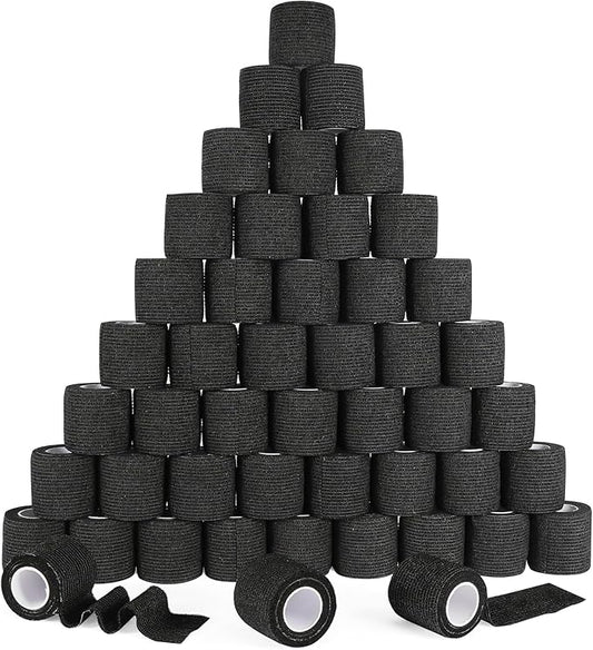 48 Pack Self Adhesive Bandage Wrap, 2” x 5 Yards Cohesive Medical Tape Elastic Grip Tape Black Sports Tape Athletic for Ankle, Wrist Sprains, Pet First Aid (Black)