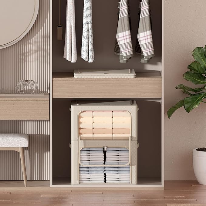 3Pack Frame Storage Box - Clothes Storage Bin Bags Oxford Fabric Foldable Stackable Container Organizer Set with Clear Window & Carry Handles (Beige, Medium-44L)