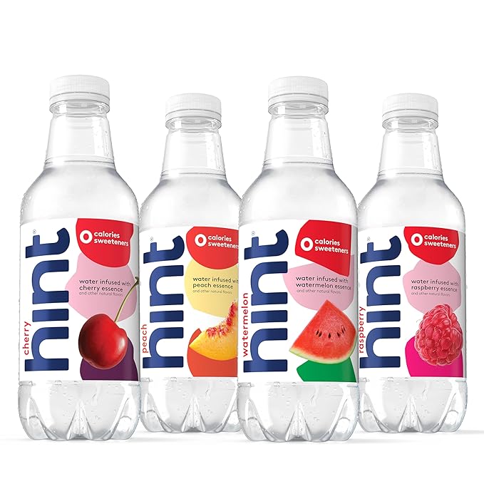 Hint Water Purple Variety Pack (Pack of 12), 16 Ounce Bottles, 3 Bottles Each of: Raspberry, Watermelon, Cherry, and Peach, Zero Calories, Zero Sugar and Zero Sweeteners