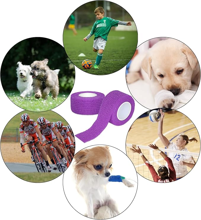 6 Pack 1 Inches Self Adhesive Bandage Wrap Breathable Cohesive Bandage Elastic Tape for Pets, Athletic, Sports, Wrist, Knee, Ankle(5 Yards Per Roll, Purple)