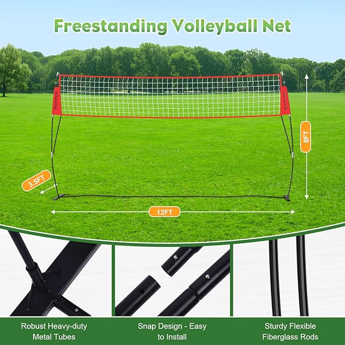20FT/12FT Freestanding Volleyball Training Net, 5 Height Adjustable Portable Volleyball Net System, Quick Setup Practice Set for Indoor or Outdoor Use