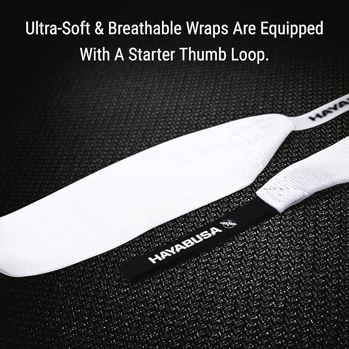 Hayabusa Gauze Boxing Hand Wraps for Men and Women Starter Thumb with Loop Hook & Loop Closure- White, 180 Inches