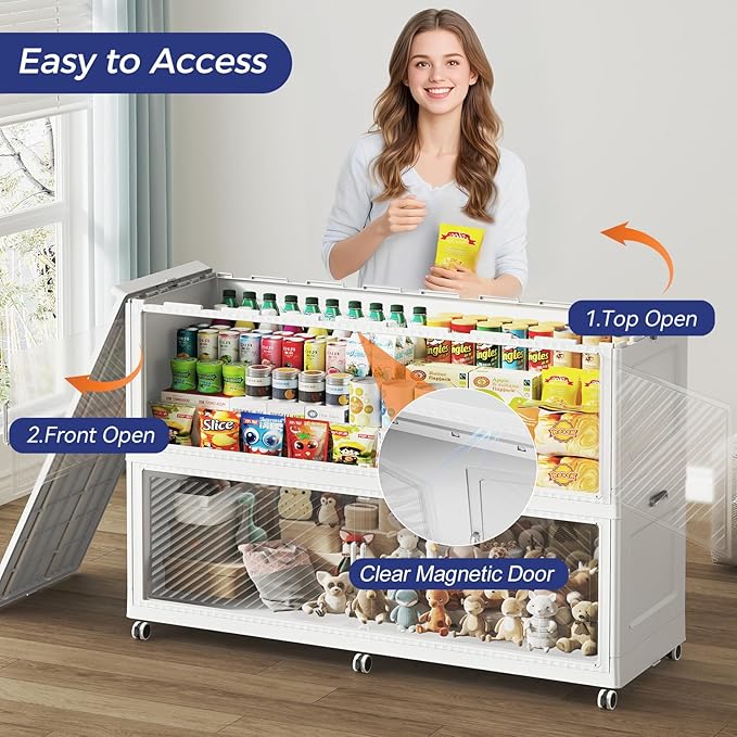 200GAL Extra Large Stackable Storage Bins with Lid, 800QT Plastic Closet Organizer and Storage Cabinet with Wheels and Doors, Folding Storage Box Container for Home Organization, 4Pack White