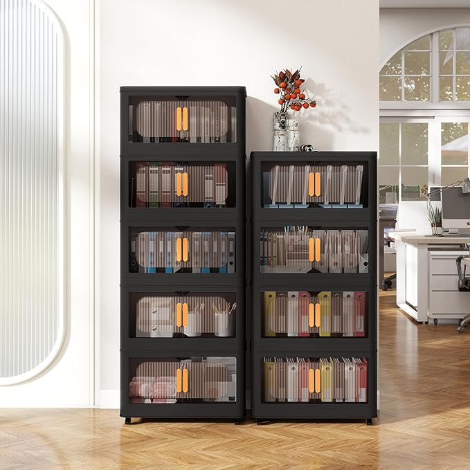 Holaki 320 QT Collapsible Closet Organizers with Lid, Stackable Plastic Storage Bins Cabinet with Wheels and Magnetic Door 5 Pack(Black Larger)