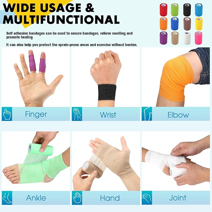 8 Pack Self Adhesive Bandage Wrap, 3 in x 5 Yards Non-Woven Self Adherent Cohesive Bandage, Vet Wrap Wound Tape for Thumb Finger Wrist Knee Ankle, Mix Colors