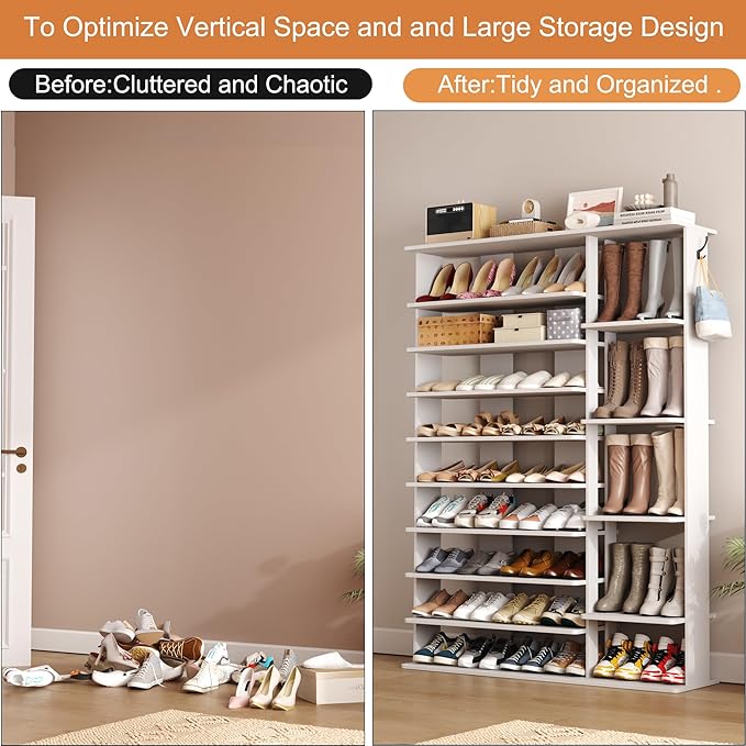 HOMEFORT 10 Tiers Shoe Rack, 50 Pairs Large Shoe Shelf, 61.8" Tall Shoe Tower, Freestanding Shoe Rack Organizer with Open Shelves, Wood Shoe Stand for Boot Storage, for Closet, Entryway, White