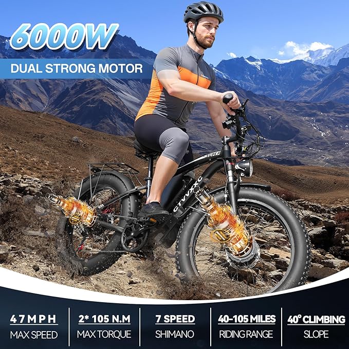 6000W Dual Motor Ebike for Adults 46MPH,210NM Fast Electric Bike,52V 34AH(1768Wh) Up to 105 Miles Long-Range Ebike,24" Fat Tire Dirtbike,Lockable Suspension Electric Bicycle for Off-Road Mountain Snow