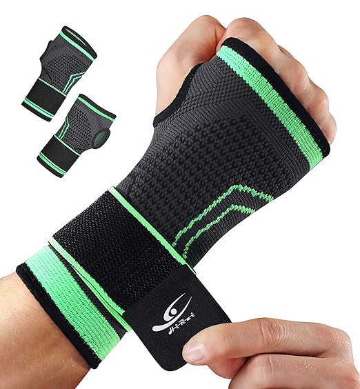 HiRui 2-Pack Wrist Brace Wrist Wraps, Hand Compression Sleeves with Wrist Straps Support for Fitness Weightlifting MTB Tendonitis Carpal Tunnel Arthritis Pain Relief (Green, Medium)