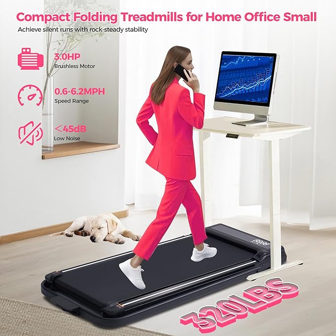 Compact Walking Pad with Handle Bar, Poratble Small Walking Pads Treadmills for Home Small with Handles, 3.0HP Electric Under The Desk Treadmills f with 0.6-6.2MPH and 320LBS