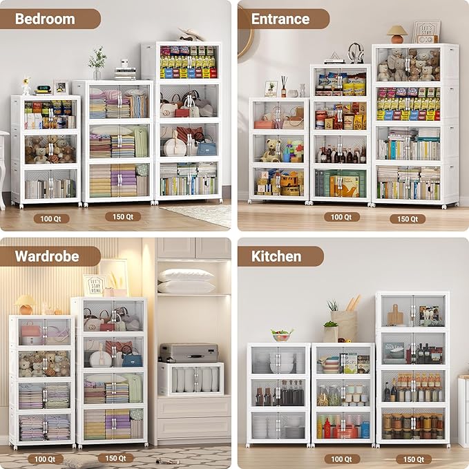 400QT Extra Large Stackable Storage Bins, 100Gal Clear Plastic Closet Organizer Cabinet with Lid and Wheels, Collapsible Latch Boxes Folding Drawer with Door for Home Kitchen, V20 4Pack White