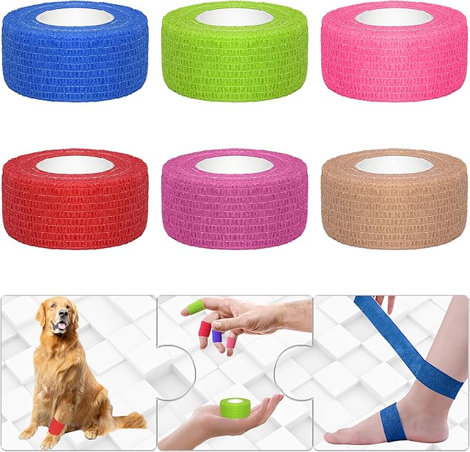 6 Pack 1 Inches Self Adhesive Bandage Wrap Breathable Cohesive Bandage Elastic Tape for Pets, Athletic, Sports, Wrist, Knee, Ankle(5 Yards Per Roll, Mixed Colors)
