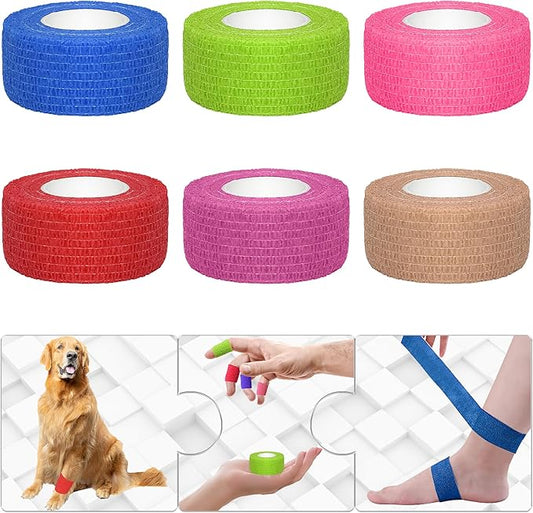 6 Pack 1 Inches Self Adhesive Bandage Wrap Breathable Cohesive Bandage Elastic Tape for Pets, Athletic, Sports, Wrist, Knee, Ankle(5 Yards Per Roll, Mixed Colors)