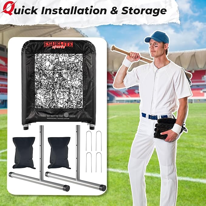 Heavy-Duty 9 Hole Pro Style Baseball & Softball Pitching Net with Strike Zone Target - Adjustable Portable Design for Training, Includes 4 Stakes & 2 Sandbags