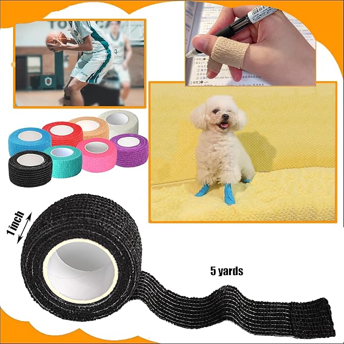8 Pack 1 x 5 Yards Cohesive Wrap Self Adhesive Bandage Elastic Self Adherent Vet Tape for Athletic, Wrist, Ankle, Knees, Pets (Black)