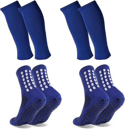 2 Set Grip Soccer Socks and Shin Guard Sleeves Non Slip Soccer Sleeve Socks for Men Women