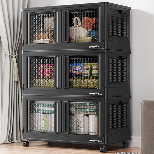 300Qt Stackable Storage Bins with Lids, 75Gal Closet Organizers and Storage Drawer, Plastic Collapsible Storage Bins with Doors, Heavy Duty Store Box Cabinet for Home Kitchen, 3Pack Black