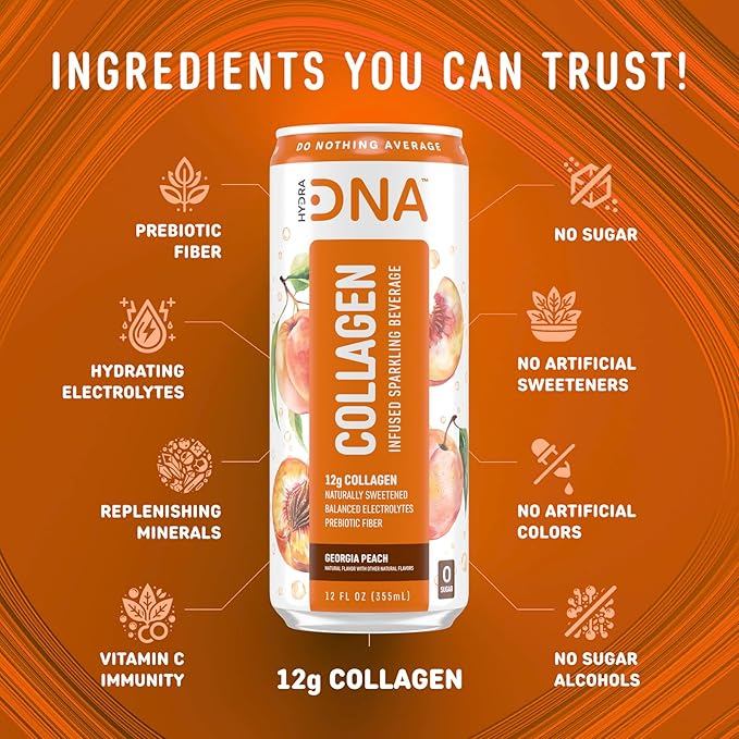 HYDRADNA- Sparkling Liquid Collagen Protein Water Drink Balanced Nutrients for Wellness - Sugar-Free - Keto-Friendly - No Gluten (12 Pack) Georgia Peach