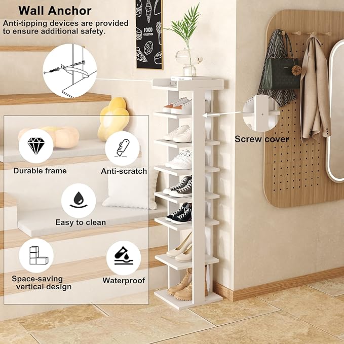 HOMEFORT 7-Tier Wood Shoe Rack, Entryway Shoe Tower,Vertical Shoe Organizer, Wooden Shoe Storage Stand, White