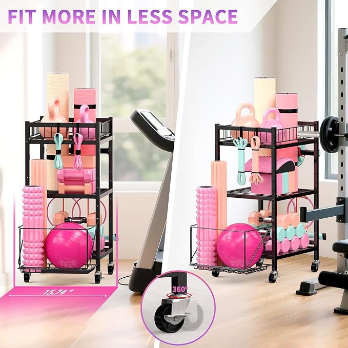 3-Tier Home Gym Storage Rack, Adjustable Yoga Mat Storage Rack, 250LBS Metal Workout Equipment Storage Cart with Large Basket & Lockable Wheels for Mats, Bands, Foam Rollers, Yoga Block