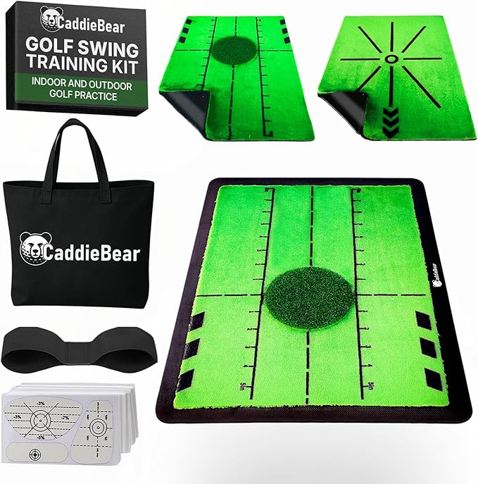 5-in-1 Golf Hitting Mat Set - Golf Training Aid with Path Feedback mat with Turf Patch, Replaceable mat, Impact Tape, Swing Arm Band & Carry Bag - Indoor & Outdoor Golf Mat for Practice
