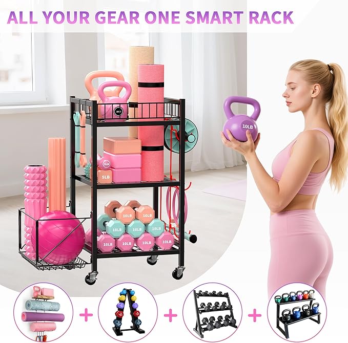 3-Tier Home Gym Storage Rack, Adjustable Yoga Mat Storage Rack, 250LBS Metal Workout Equipment Storage Cart with Large Basket & Lockable Wheels for Mats, Bands, Foam Rollers, Yoga Block