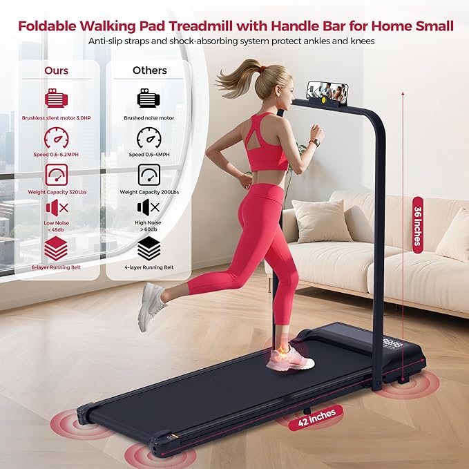 Compact Walking Pad with Handle Bar, 3.0HP Portable Walking Pads Treadmills with Handles for Home Small, 0.6-6.2MPH Compact Home Small Treadmills for Small Spaces, 320LBS