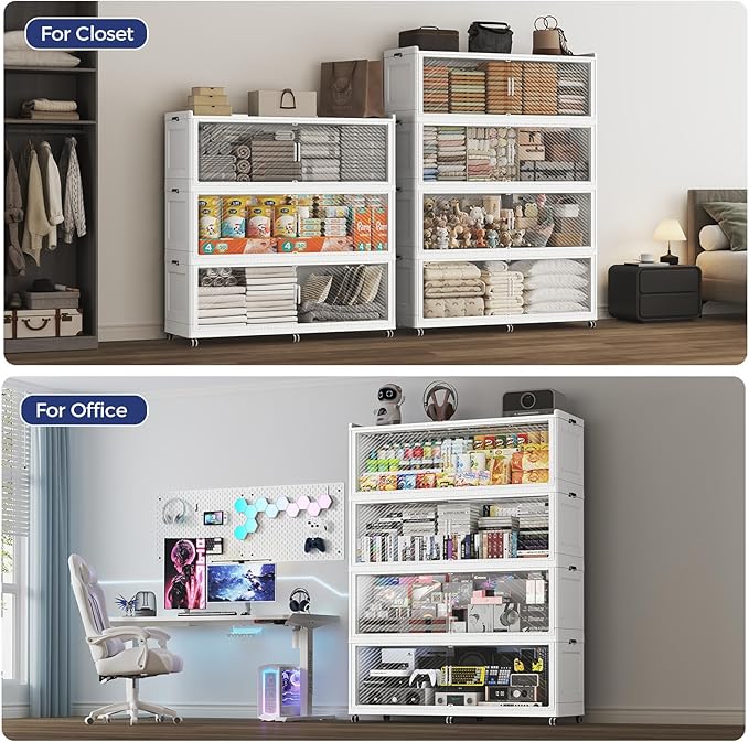 240GAL Extra Large Stackable Storage Bins with Lid, 960QT Plastic Closet Organizer and Storage Cabinet with Wheels and Doors, Folding Storage Box Container for Home Organization, 3Pack White